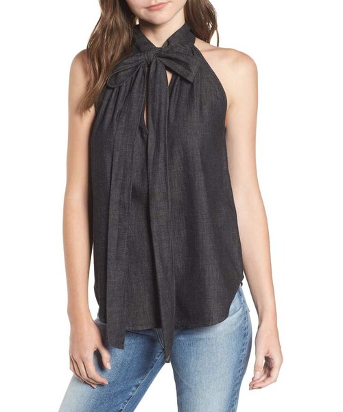 AG Jeans,AG Anouk Tie Neck Sleeveless Cotton Denim Blouse WEAR