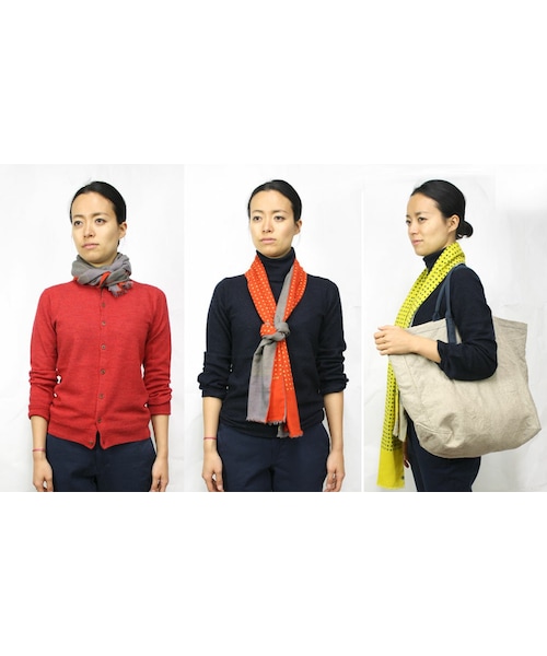 美品 45R マルチドット柄 縮絨ウールマフラー 製品染め R刺繍ロゴ