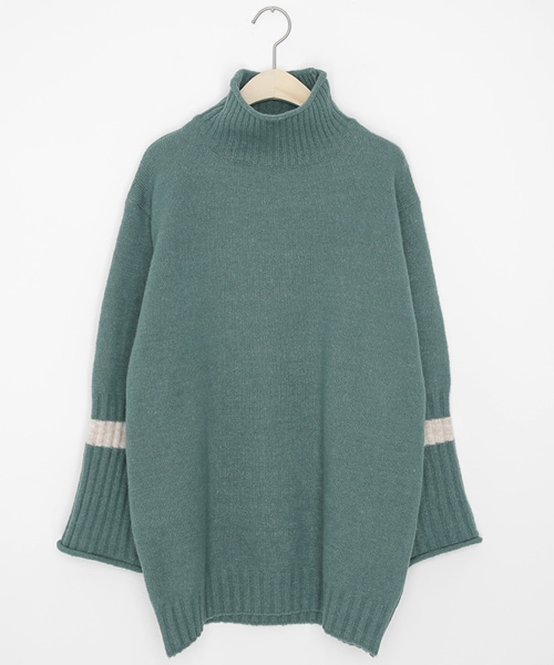 DHOLIC（ディーホリック）の「ロールハイネック配色ラインニット（ニット/セーター・レディース・ベージュ/ブラック/グリーン/ブラウン/ピンク・FREE）」の4枚目の写真