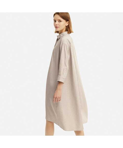UNIQLO（ユニクロ）の「エクストラファインコットンAラインワンピース（ストライプ・7分袖・丈短め94.5～104.5cm）（ワンピース・レディース・BLUE 66/BEIGE 31・L/XS/M/S/XL/XXL）」の2枚目の写真