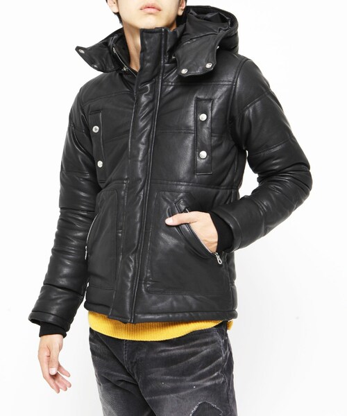 VANQUISH（ヴァンキッシュ）の「ゴートレザーフーデット中綿ブルゾン[VJJ3049]（ジャケット/アウター・メンズ・カーキ/キャメル/ブラック・L）」の6枚目の写真
