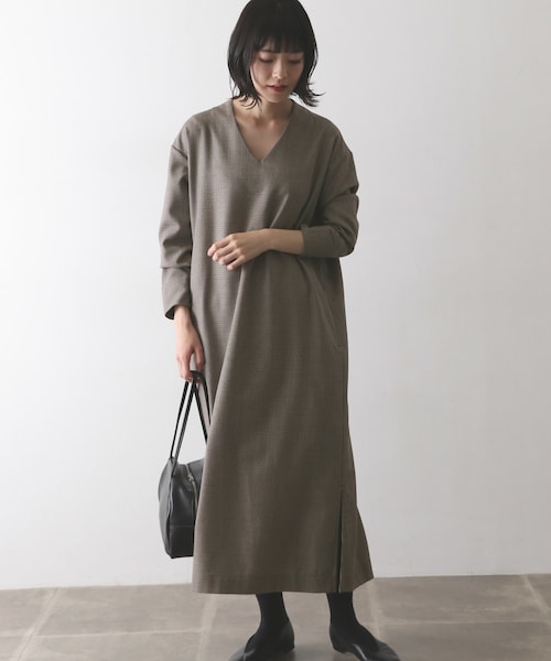 かぐれ リネンウールチェックロングワンピース かぐれ リネンウールチェックロングワンピース