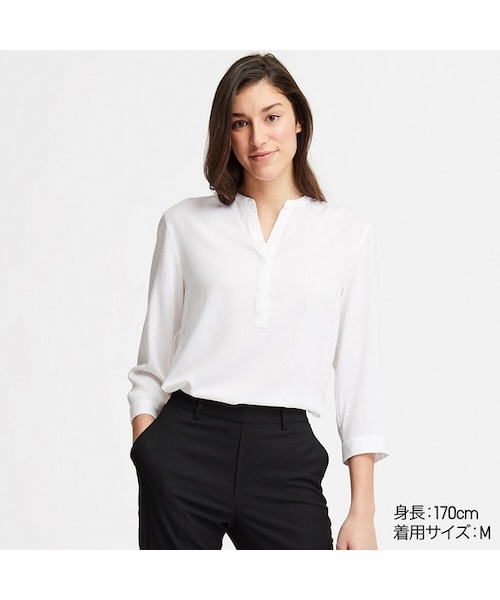 UNIQLO（ユニクロ）の「レーヨンスタンドブラウス（7分袖）（シャツ/ブラウス・レディース・NAVY 69/WHITE 00/LIGHT BLUE 60/LIGHT ORANGE 20・3XL/M/S/L/XS/XXL/XL）」の2枚目の写真