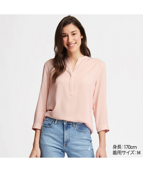 UNIQLO（ユニクロ）の「レーヨンスタンドブラウス（7分袖）（シャツ/ブラウス・レディース・NAVY 69/WHITE 00/LIGHT BLUE 60/LIGHT ORANGE 20・3XL/M/S/L/XS/XXL/XL）」の4枚目の写真