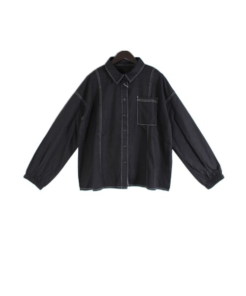 STYLEBLOCK（スタイルブロック）の「綿ツイルステッチブラウス（シャツ/ブラウス・レディース・ホワイト/サックスブルー/カーキ/ブラック・M）」の2枚目の写真