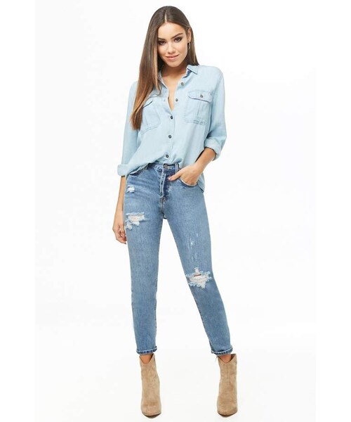 FOREVER 21（フォーエバー トゥエンティーワン）の「Forever 21 High-Low Chambray Shirt（シャツ/ブラウス・レディース・Blue・Small/Medium/Large）」の3枚目の写真