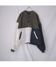 Handmade | フリース配色プルオーバー（カーキ×ホワイト×グレー）(その他トップス)