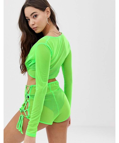 asos（エイソス）の「ASOS DESIGN neon green jersey mesh beach hot pants with lace up  side two-piece（その他パンツ）」 - WEAR
