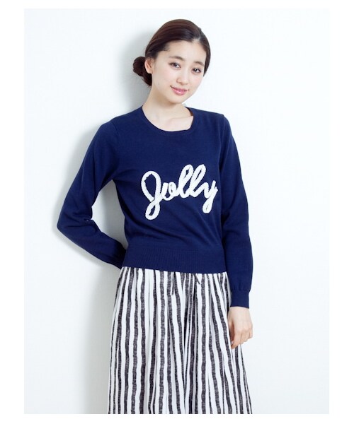 earth music&ecology(アースミュージックアンドエコロジー)の「Jollyレースロゴニットプルオーバー(ニット・セーター・レディース・杢ライトグレー/ネイビー/ライトイエロー/ミント・L/XS)」の3枚目の写真