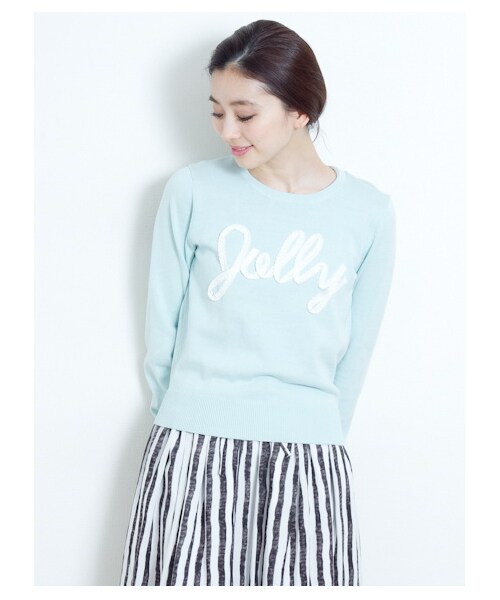 earth music&ecology(アースミュージックアンドエコロジー)の「Jollyレースロゴニットプルオーバー(ニット・セーター・レディース・杢ライトグレー/ネイビー/ライトイエロー/ミント・L/XS)」の5枚目の写真