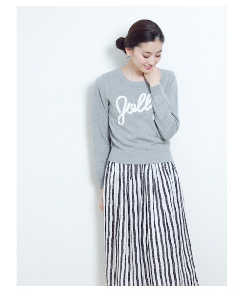 earth music&ecology(アースミュージックアンドエコロジー)の「Jollyレースロゴニットプルオーバー(ニット・セーター・レディース・杢ライトグレー/ネイビー/ライトイエロー/ミント・L/XS)」の1枚目の写真