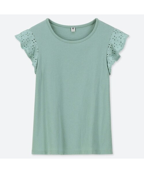 UNIQLO（ユニクロ）の「GIRLS レースフリルクルーネックＴ（半袖）（Tシャツ/カットソー・キッズ・PURPLE 71/BLACK 09/GREEN 52/ORANGE 23/OFF WHITE 01・130/120/150/100/110/140/160）」の4枚目の写真