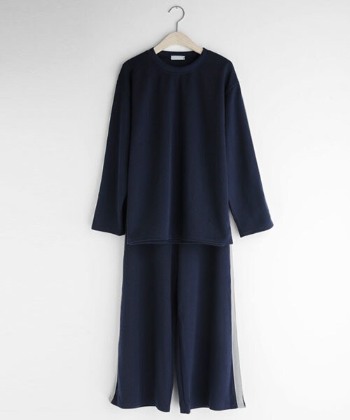 DHOLIC（ディーホリック）の「配色ラインTシャツ&ワイドパンツSET（Tシャツ/カットソー・レディース・ブラック/ブルー・FREE）」の2枚目の写真