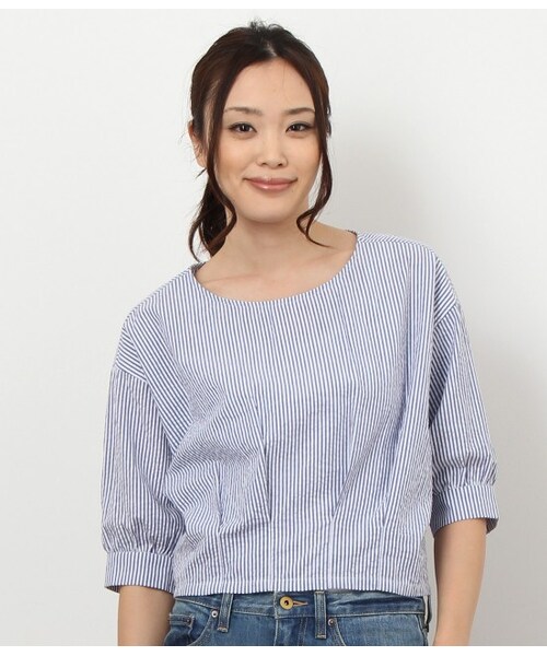 VIS(ビス)の「ドロップショルダーショートブラウス(ブラウス/シャツ・レディース・ブルー系/ネイビー系・M)」の1枚目の写真