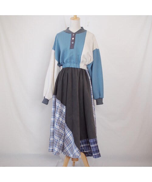 Handmade（ハンドメイド）の「ツギハギワンピース（ブルー系