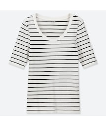 UNIQLO | リブボーダーＵネックT（5分袖）(Tシャツ/カットソー)