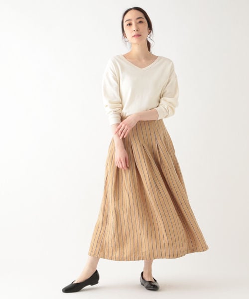 studio CLIP（スタディオクリップ）の「リネン100マキシタックスカート[WEB先行予約]（スカート・ストライプ/チャコール/オレンジ）」の4枚目の写真