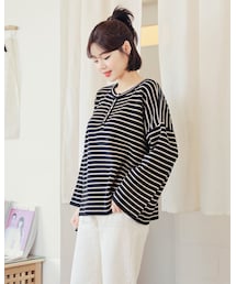 HOTPING | ヘンリーネックルーズボーダーＴシャツ(Tシャツ/カットソー)