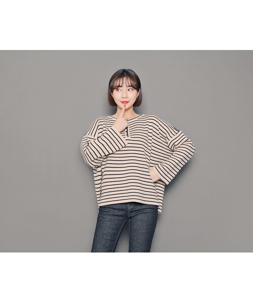 HOTPING（ホッピン）の「ヘンリーネックルーズボーダーＴシャツ（Tシャツ/カットソー・レディース・Black/White/Beige・フリーサイズ）」の3枚目の写真