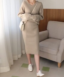 DHOLIC | Vネックリブニット&スリットスカートSET(その他トップス)