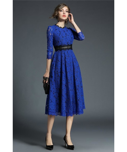 no brand(ノーブランド)の「レ―スワンピース 透け感 青 ブルー 結婚式 お呼ばれ 二次会 パーティードレス ミモレ丈 ロング 大きいサイズ 七分袖 フォーマル(ワンピース・レディース・その他)」の3枚目の写真