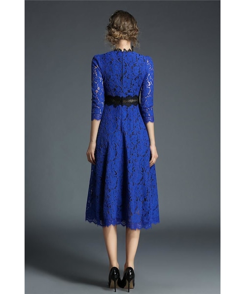 no brand(ノーブランド)の「レ―スワンピース 透け感 青 ブルー 結婚式 お呼ばれ 二次会 パーティードレス ミモレ丈 ロング 大きいサイズ 七分袖 フォーマル(ワンピース・レディース・その他)」の7枚目の写真