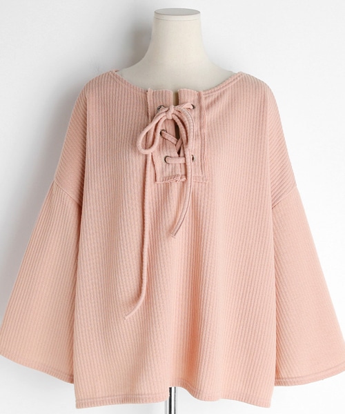 DHOLIC（ディーホリック）の「レースアップネックリブニット（ニット/セーター・レディース・ブラック/ホワイト/ピンク・FREE）」の3枚目の写真