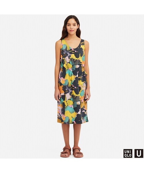 UNIQLO（ユニクロ）の「ドローストリングプリントワンピース（ノースリーブ）（ワンピース・レディース・ 90/ 91・S/XXL/M/L/XL）」の2枚目の写真