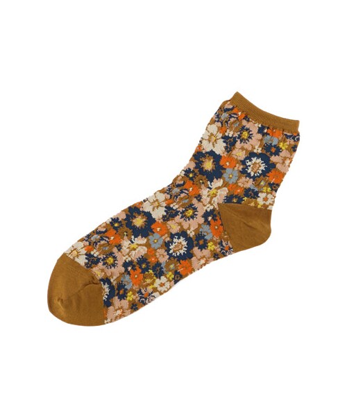 靴下屋（クツシタヤ）の「ガーゼ調もりもり花柄アンク（ソックス・靴下・レディース・オフホワイト/クロ/モカベージュ/オールドピンク/ターメリック/ニュアンスパープル・23.0～24.0cm）」の6枚目の写真