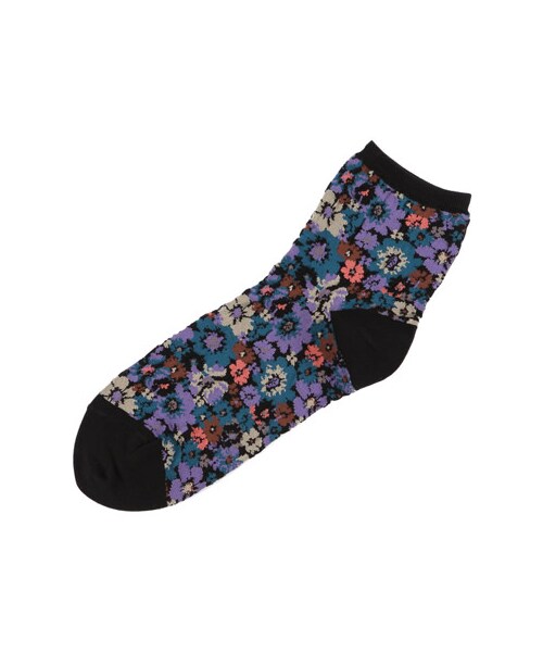 靴下屋（クツシタヤ）の「ガーゼ調もりもり花柄アンク（ソックス・靴下・レディース・オフホワイト/クロ/モカベージュ/オールドピンク/ターメリック/ニュアンスパープル・23.0～24.0cm）」の2枚目の写真