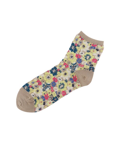 靴下屋（クツシタヤ）の「ガーゼ調もりもり花柄アンク（ソックス・靴下・レディース・オフホワイト/クロ/モカベージュ/オールドピンク/ターメリック/ニュアンスパープル・23.0～24.0cm）」の3枚目の写真