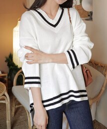 DHOLIC | ラインVネックアンバランスニット(ニット/セーター)