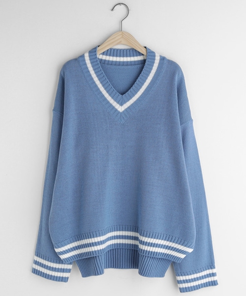 DHOLIC（ディーホリック）の「ラインVネックアンバランスニット（ニット/セーター・レディース・ホワイト/ブラック/ブルー・FREE）」の3枚目の写真