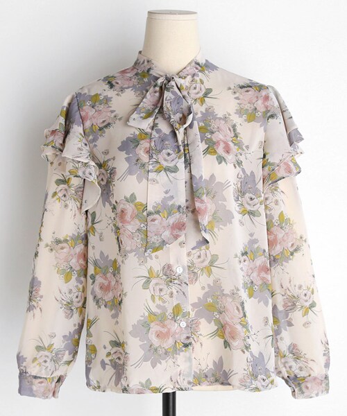 DHOLIC（ディーホリック）の「ショルダーフリルネックリボン花柄ブラウス（シャツ/ブラウス・レディース・ブルー/ホワイト/パープル・FREE）」の2枚目の写真