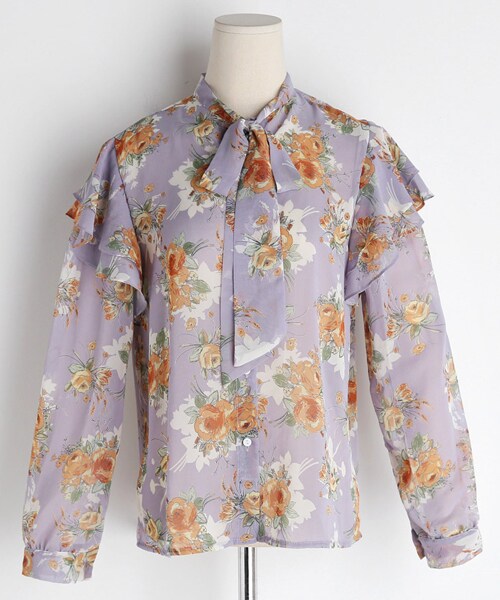 DHOLIC（ディーホリック）の「ショルダーフリルネックリボン花柄ブラウス（シャツ/ブラウス・レディース・ブルー/ホワイト/パープル・FREE）」の3枚目の写真