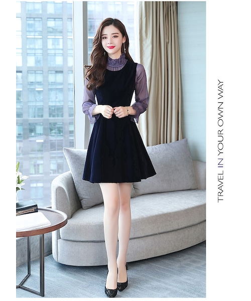 華やかで素敵 ブラック フリル ミニ 長袖 ワンピース no brand（ノーブランド）の「フリルインナー ベロア ミニ