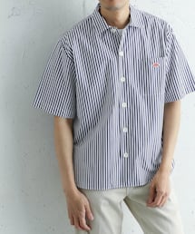 DANTON ブルー ストライプ 半袖シャツ DANTON [ダントン] ラウンドカラー リネンストライプ プル