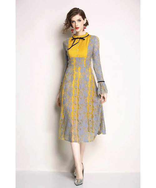 りんご✴︎OMMO 新品・未使用イエロー×グレー　バイカラーニットワンピース りんご✴︎OMMO 新品・未使用イエロー×グレー バイカラーニット