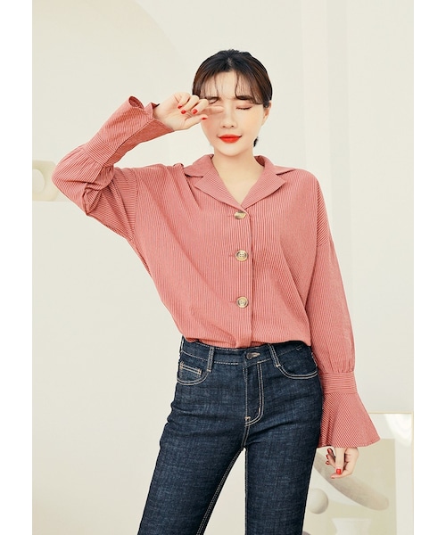 HOTPING(ホッピン)の「フレアスリーブストライプブラウス(シャツ/ブラウス・レディース・Other/Black・XS-S/M-L/XL-2XL)」の1枚目の写真