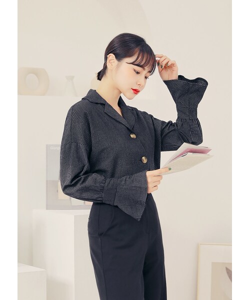 HOTPING(ホッピン)の「フレアスリーブストライプブラウス(シャツ/ブラウス・レディース・Other/Black・XS-S/M-L/XL-2XL)」の2枚目の写真