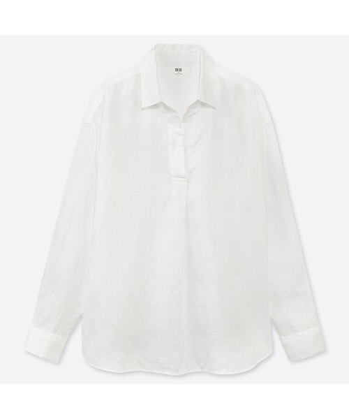 UNIQLO（ユニクロ）の「プレミアムリネンスキッパーシャツ（長袖）（シャツ/ブラウス・レディース・NAVY 69/OLIVE 56/WHITE 00/ORANGE 22/BEIGE 31/BLUE 64・XS/XXL/S/M/XL/3XL/L）」の2枚目の写真
