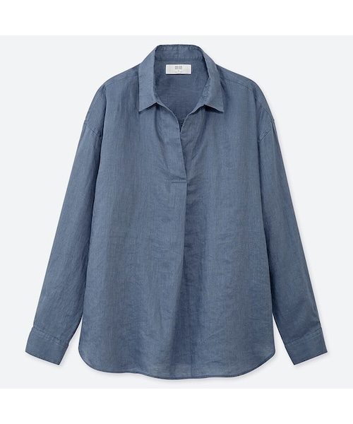 UNIQLO（ユニクロ）の「プレミアムリネンスキッパーシャツ（長袖）（シャツ/ブラウス・レディース・NAVY 69/OLIVE 56/WHITE 00/ORANGE 22/BEIGE 31/BLUE 64・XS/XXL/S/M/XL/3XL/L）」の5枚目の写真