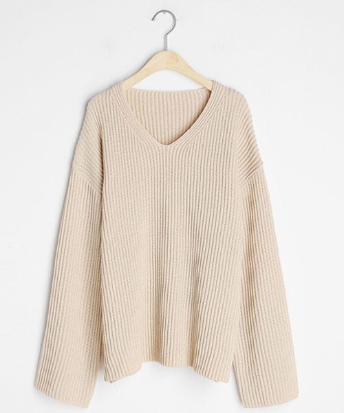 DHOLIC（ディーホリック）の「リブVネックルーズニット（ニット/セーター・レディース・グリーン/ブラック/ブルー/ベージュ・FREE）」の3枚目の写真