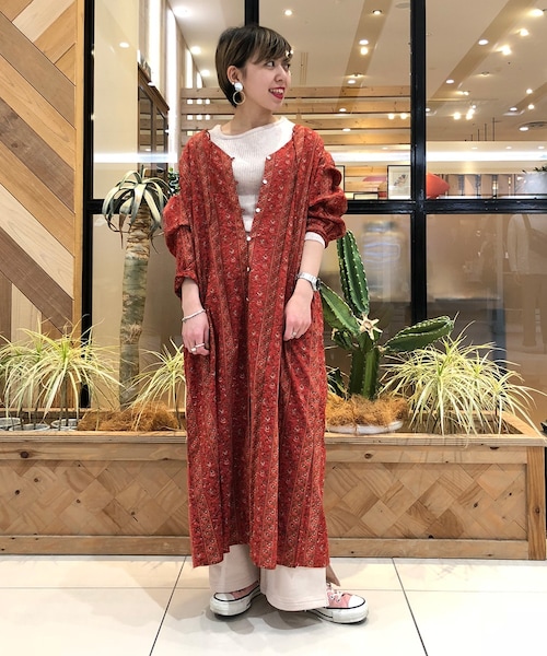 ワンピース 45R フラワー 刺繍 2wayヒッコリー ストライプ ロング