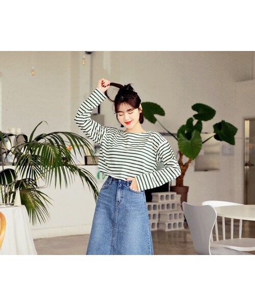 HOTPING(ホッピン)の「ボーダーボートネックTシャツ(Tシャツ/カットソー・レディース・Green/Black/Pink・XS-S/M-L/XL-2XL)」の1枚目の写真