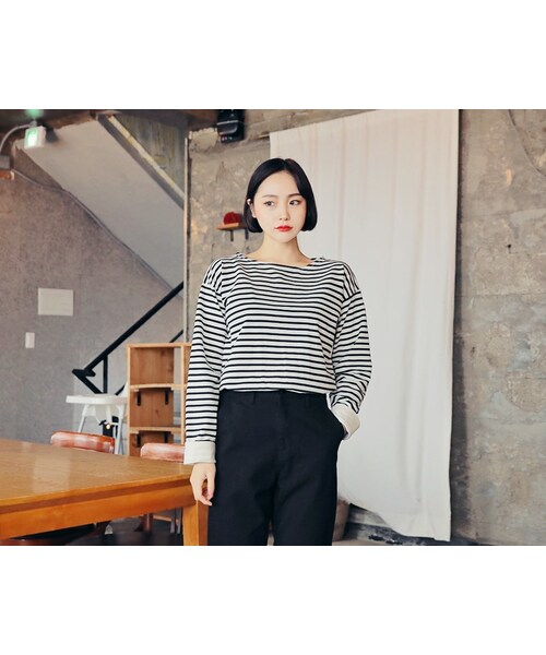 HOTPING(ホッピン)の「ボーダーボートネックTシャツ(Tシャツ/カットソー・レディース・Green/Black/Pink・XS-S/M-L/XL-2XL)」の2枚目の写真