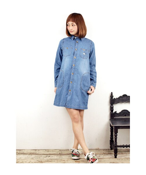 w closet(ダブルクローゼット)の「7ozスラブ入りデニムシャツワンピース(ワンピース/ドレス・レディース・ブルー/ヒッコリー/ネイビーヒッコリー・FREE)」の11枚目の写真
