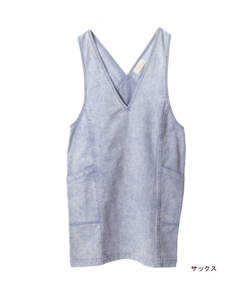 w closet（ダブルクローゼット）の「カツラギケミカルウォッシュＶネックジャンパースカート（ワンピース/ドレス・レディース・レモンイエロー/ミント/サックス・FREE）」の4枚目の写真