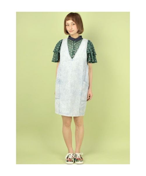 w closet（ダブルクローゼット）の「カツラギケミカルウォッシュＶネックジャンパースカート（ワンピース/ドレス・レディース・レモンイエロー/ミント/サックス・FREE）」の10枚目の写真