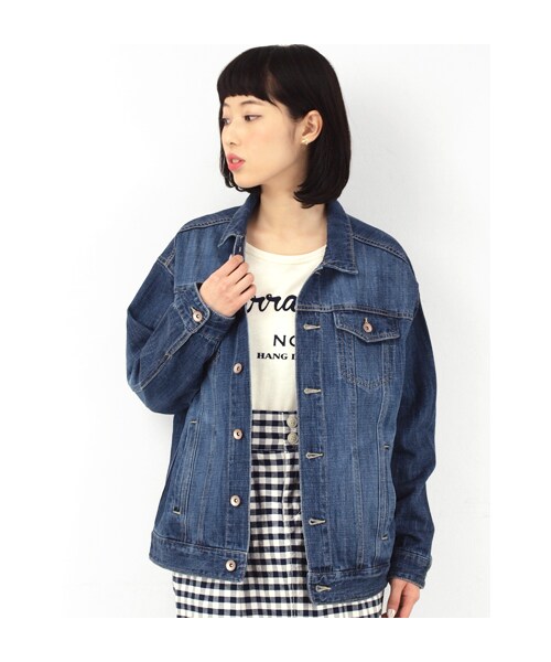 w closet(ダブルクローゼット)の「10ozスラブインディゴデニムGジャン(トップス・レディース・ブルー×デニム/オフホワイト×カツラギ/イエロー×カツラギ・FREE)」の1枚目の写真